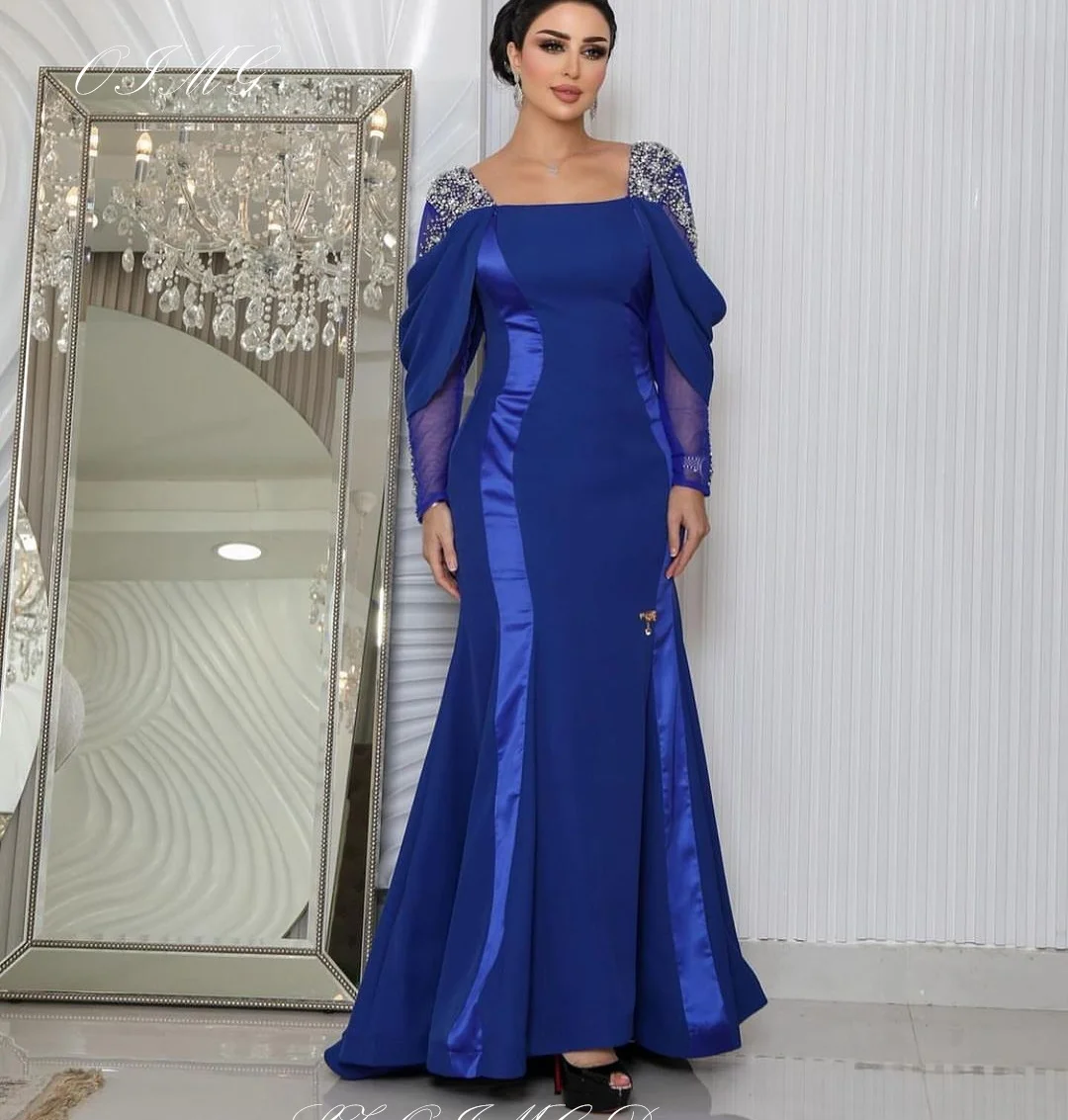 

OIMG Blue Prom Dresses Saudi Arabic Women Off the Shoulder Sheath Sequined Evening Gowns with Cape Occasion Formal Party Dress