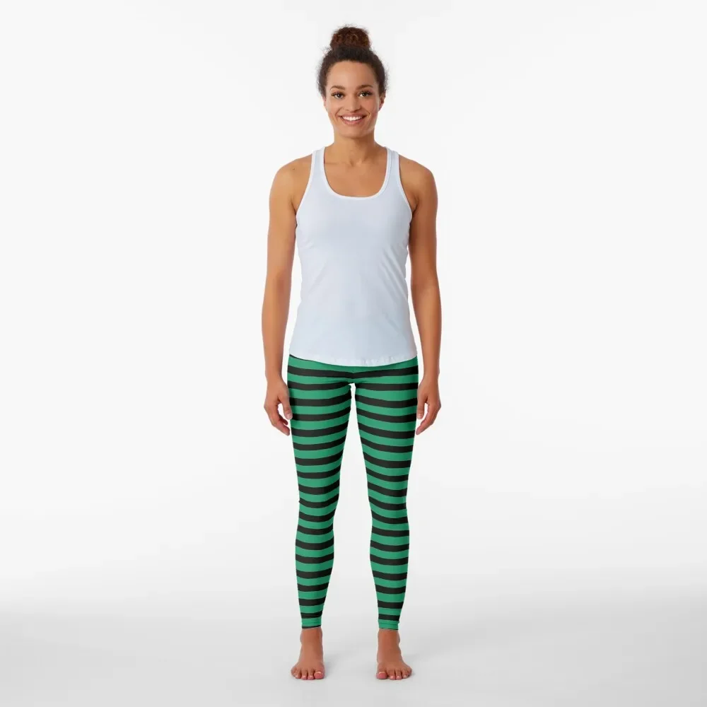Halloween Stripes - Black and Green - Classic striped pattern by Cecca Designs Leggings gym top Womens Leggings