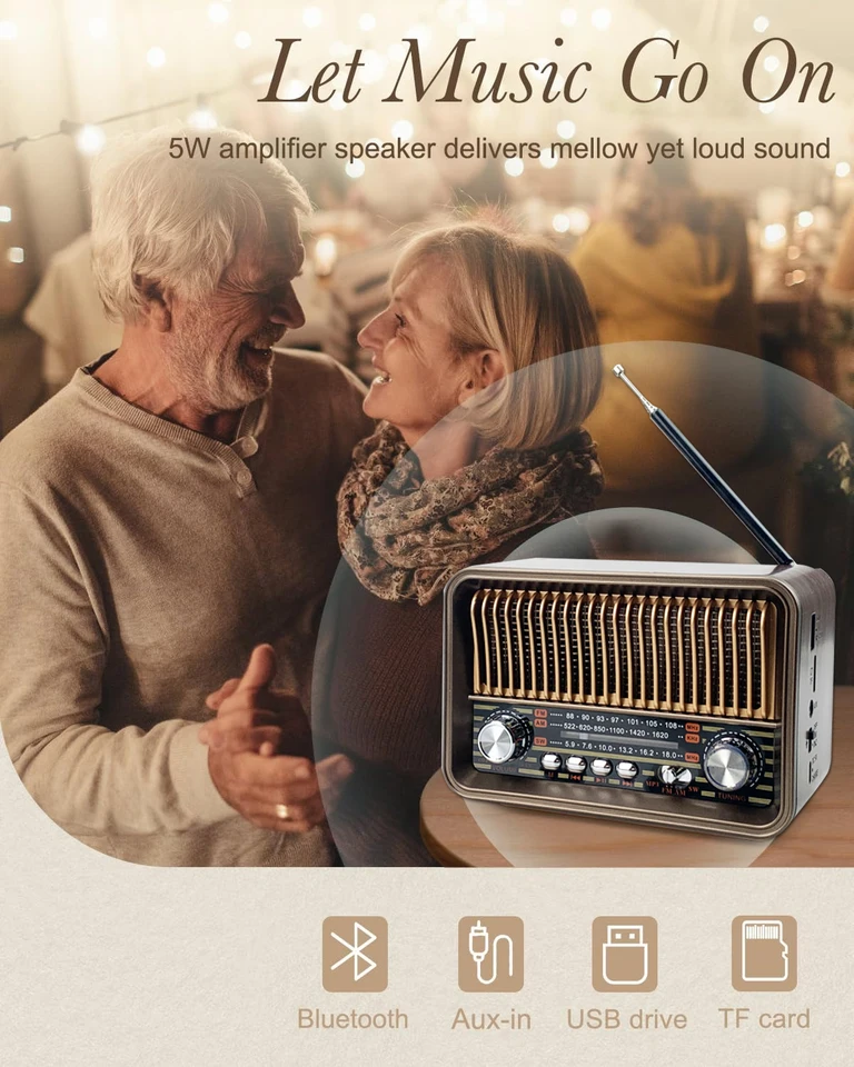Radio AM FM SW Rétro Vintage Avec Bluetooth - Horloge Lumineuse, Lecteur USB/TF, 3 Alimentations (Piles, USB, Batterie) - Portable Pour Camping, Maison