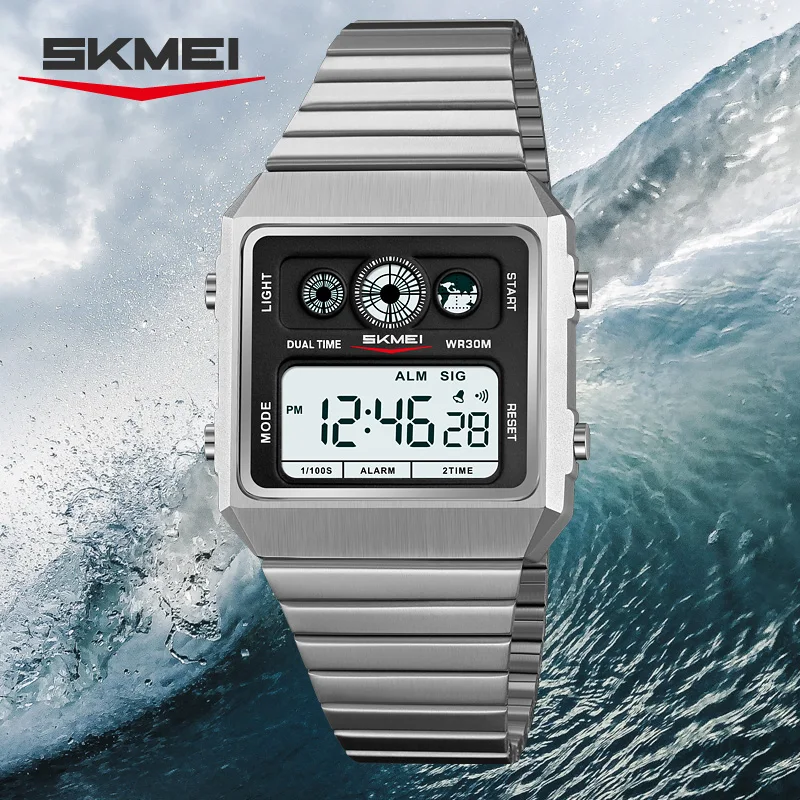SKMEI 2450 LED Display Shockproof Waterproof Electronics Watches Digital Wristwatch for Men Stainless Steel Watch Reloj Hombre