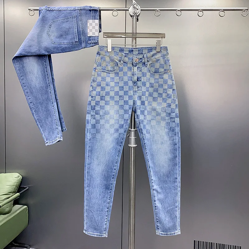 New Jeans Men'S Plaid Print Straight Fit Men'S Pants Blue Fashion Designer Casual Everything With Street Cotton Denim Pants