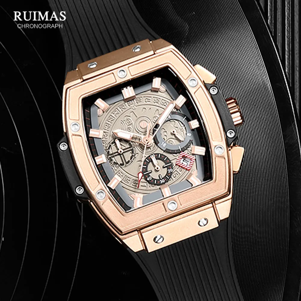 RUIMAS Tonneau Dial Chronograph Quartz Watches for Men Fashion