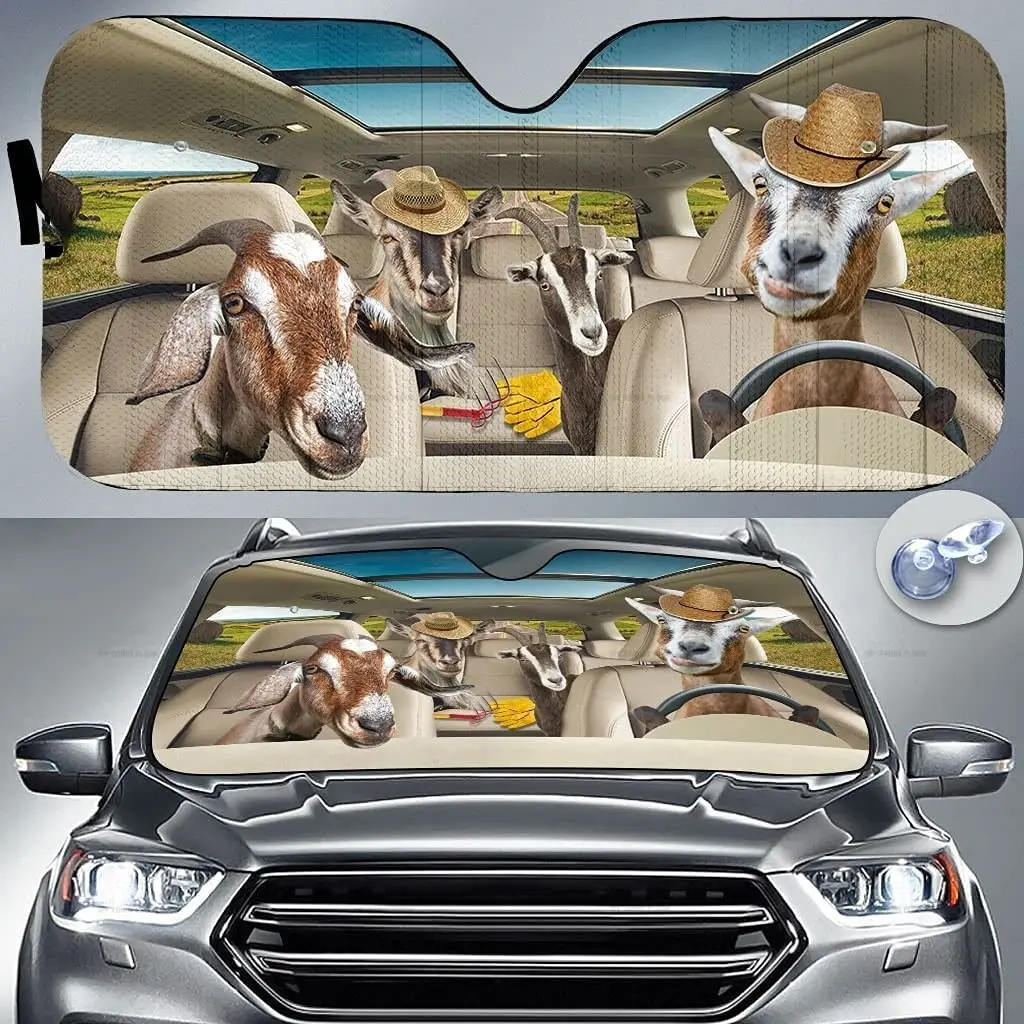 

Funny Goat Family Driving On Summer Farm Animal Lover Car Sunshade Windshield Window, Gift for Farmer Lover, Car Windshield Auto