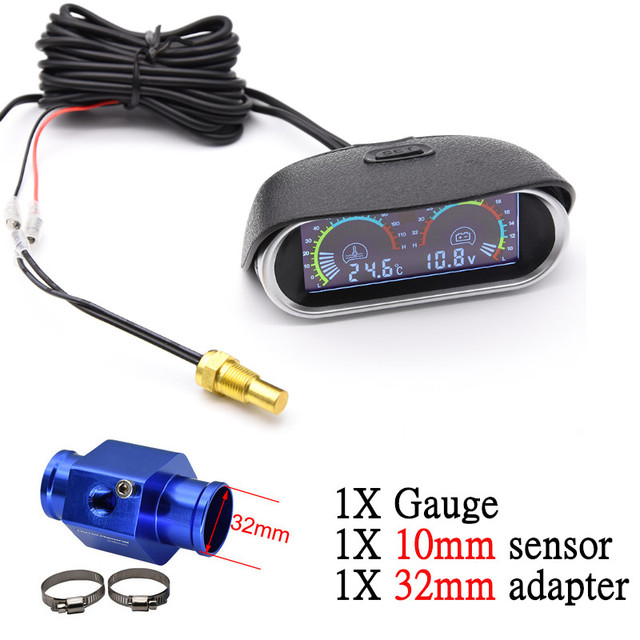 in 1 12v/24v LCD Car Digital Horizontal gauge Water Temp Gauge Meter Voltmeter Voltage Gauges with Temperature Sensor