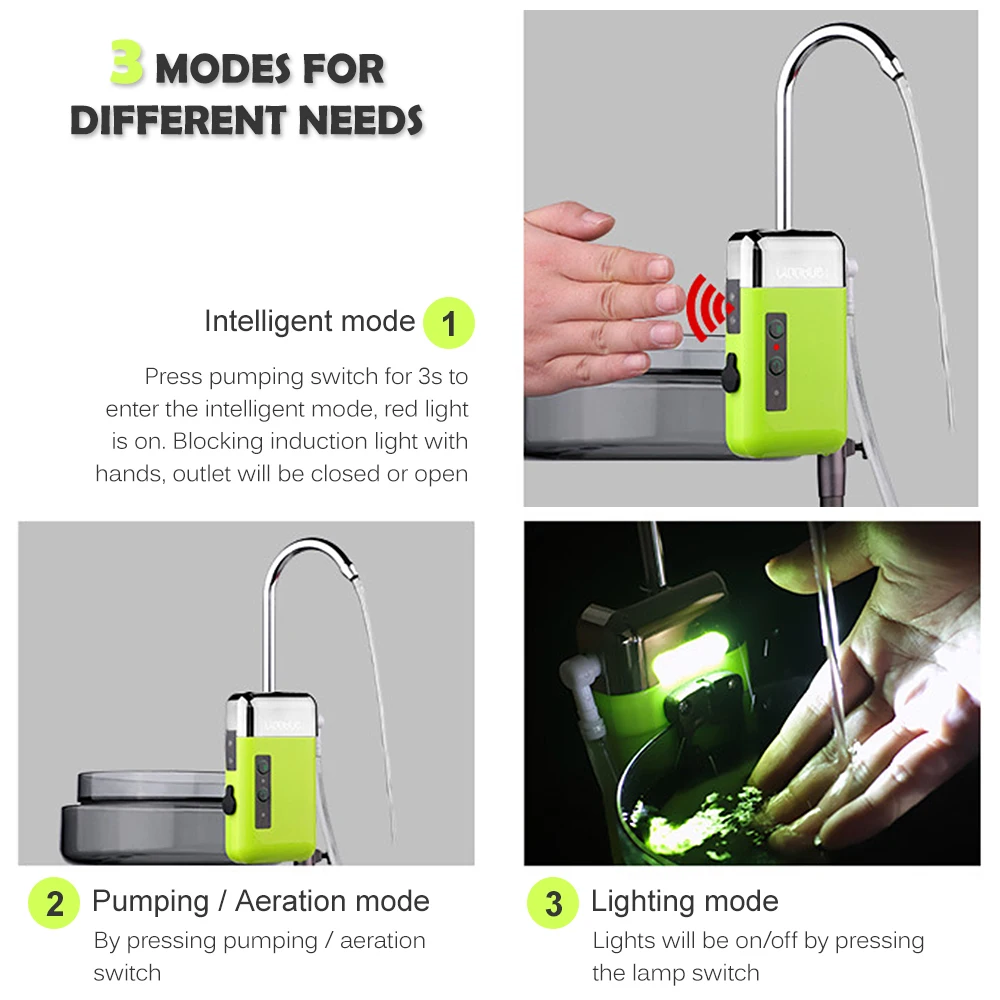 Portable 3-in-1 mini oxygen pump with air stone tube sensing USB charging automatic water pump LED lighting for outdoor fishing