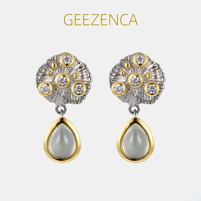 

GEEZENCA 925 Silver Lotus Pod Two Tone Natural Prehnite Water Drop Earrings For Women Zircon French Chic Dangle Earring 2023 New