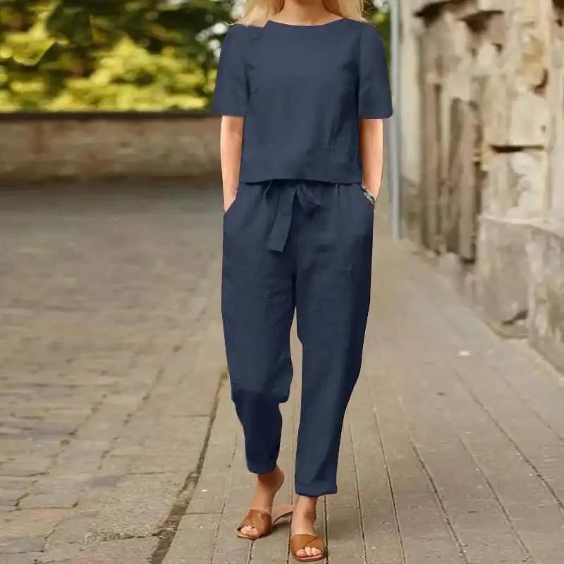 Femme Elastic Vintage Two Peice Sets Short Sleeve Oversize Blouse Harajuku Matching Harem Pant 2 Piece Suit Fashion Women Summer