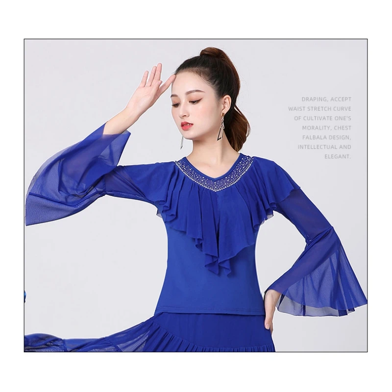 Noble Ruffle Leader Long Sleeve Dance Tops For Women Solid Color Diamond Polished Lace V-Neck Latin Ballroom Dancewear