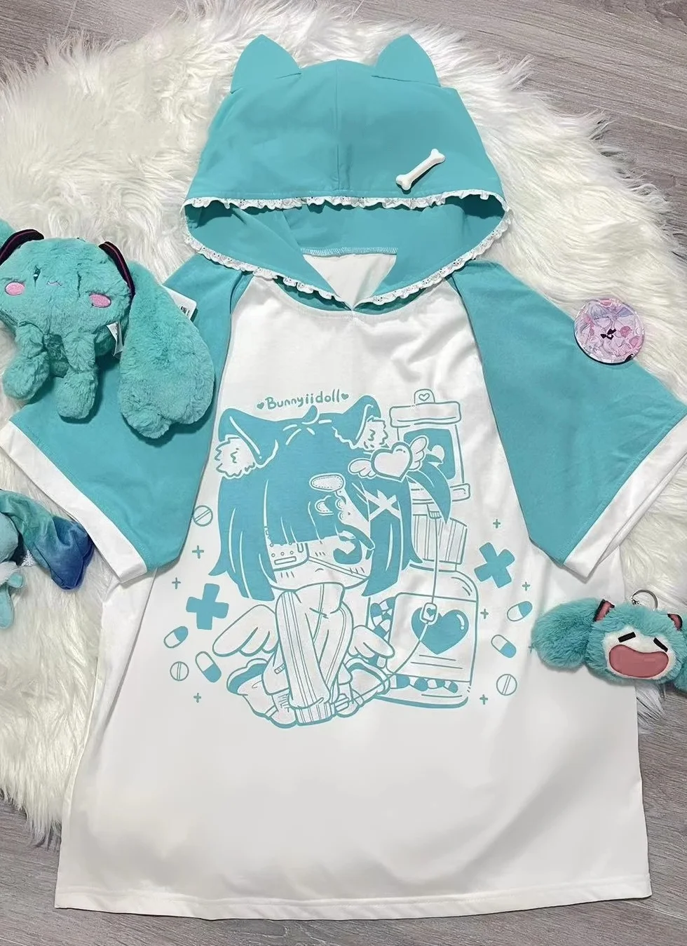Y2k Sweet Summer Loose T-shirt with Hooded Cat Ear Japanese
