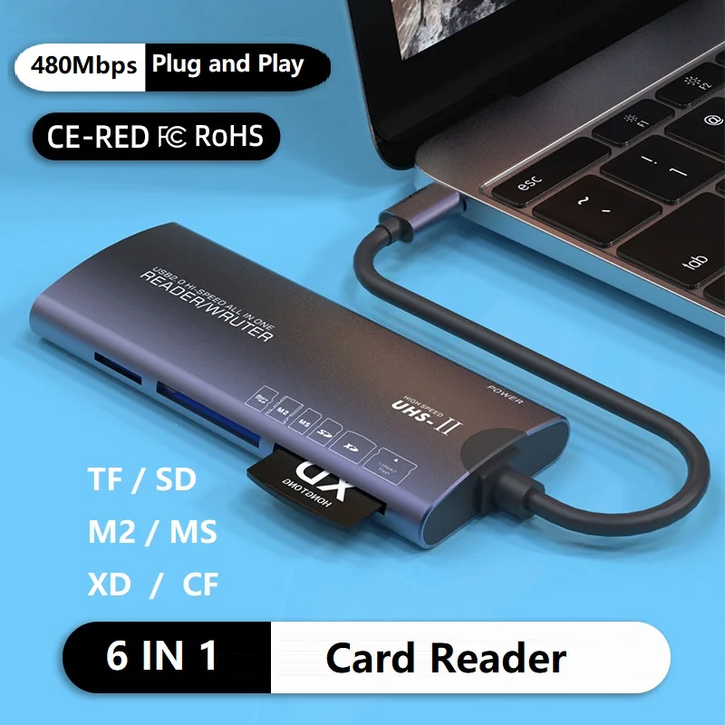 XD Picture Card Reader USB Type C TF/SD/MS/M2/XD/CF 6 in 1 Memory Card Reader USB C CF Adapter Supports MS