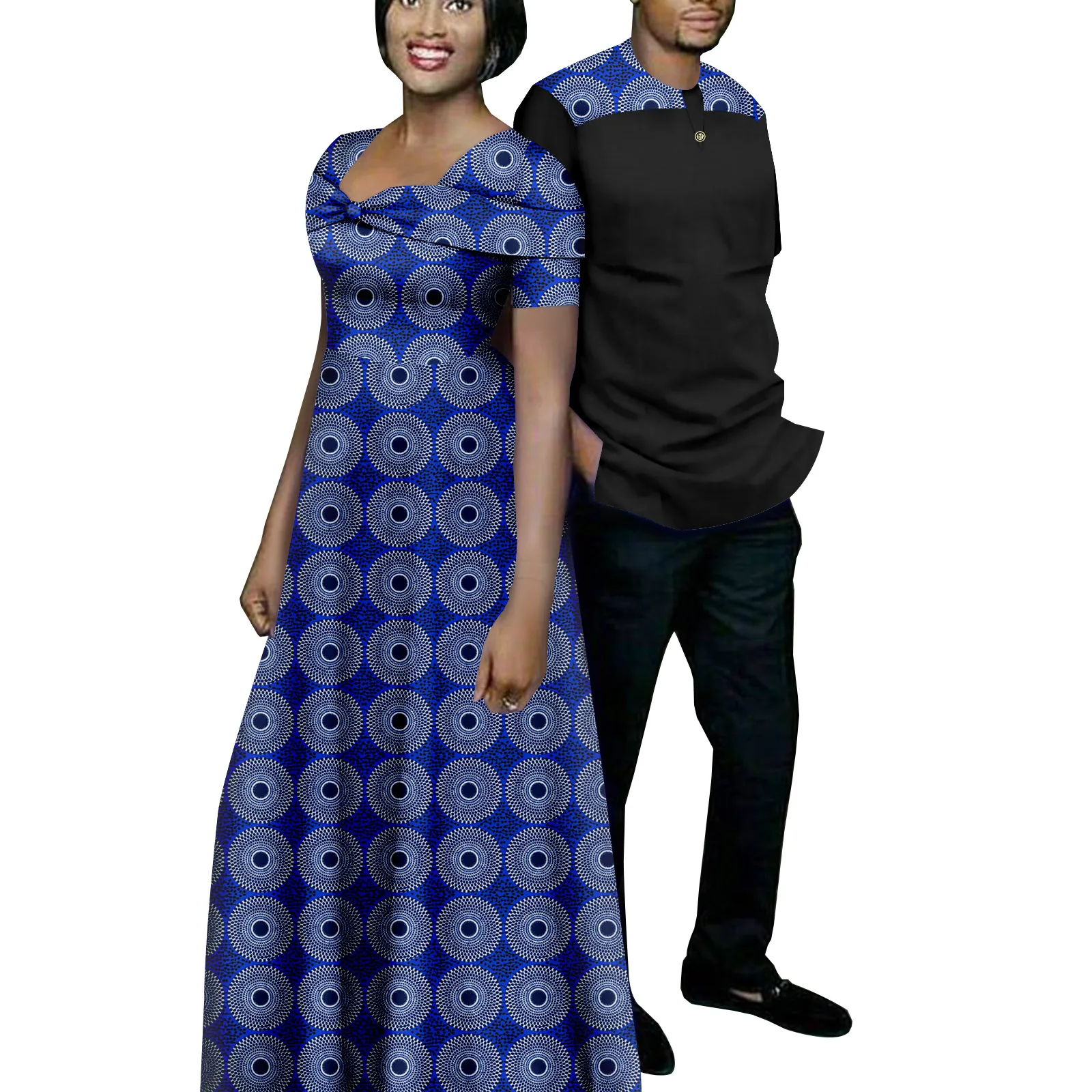 African Matching Outfits for Couples Bazin Riche Summer Women Bow Print Long Dresses Dashiki Men Patchwork Top Tee Shirt Y23C027