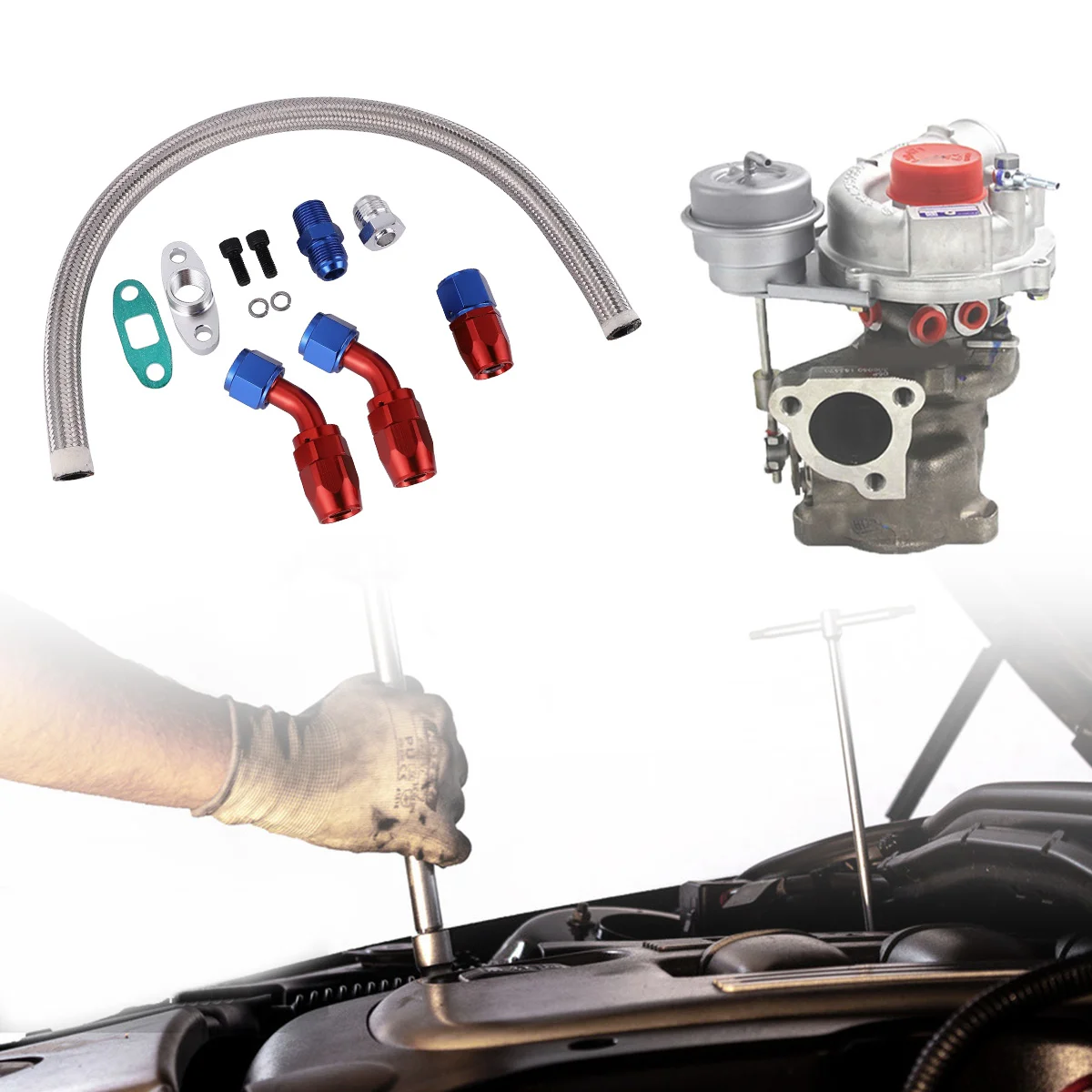 

Car Turbo Kit Oil Feed Drain Fitting Inlet Line for Turbocharger Hose Aluminum Alloy