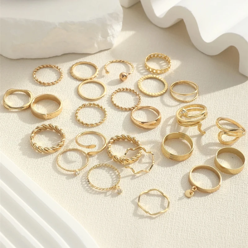 24pcs Fashion Stunning Rhinestone Ring Set Bohemian Elegant Minimalist Snake Geometric Design Ring Party Daily Wear Jewelry Gift