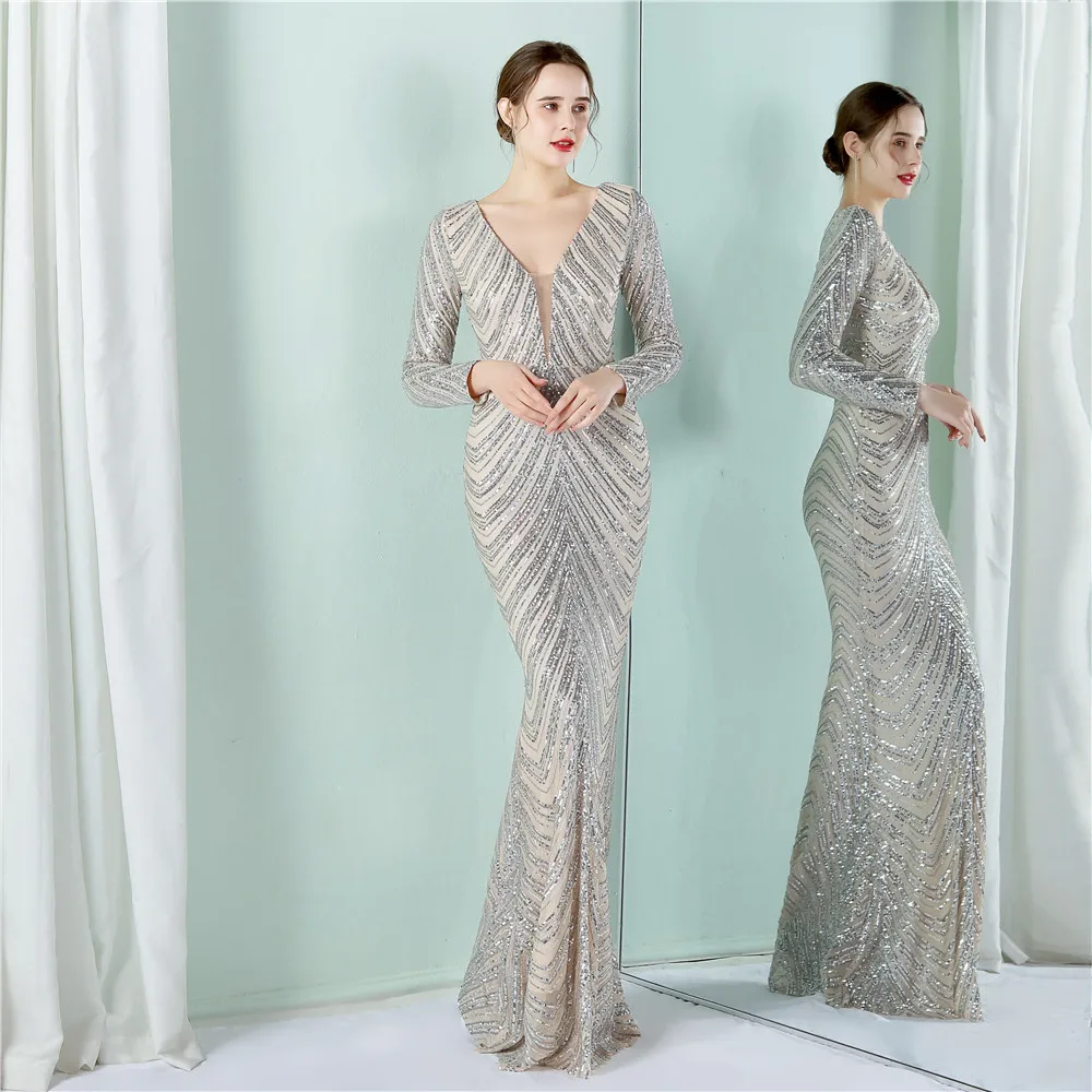 FEATHERED SEQUINED MAXI DRESS IN METALLIC SILVER