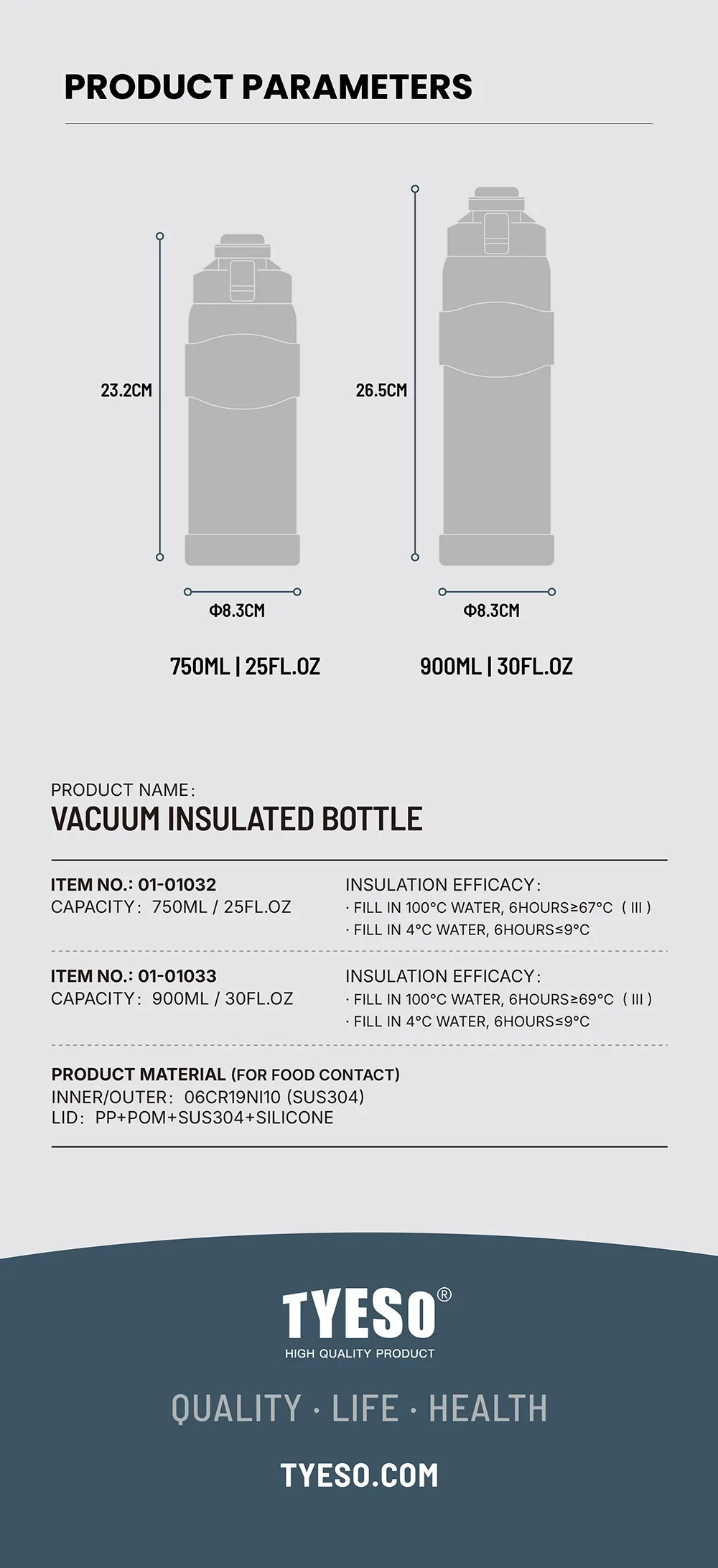 TYESO Vacuum Insulated Bottle 304 Stainless Steel Portable Sports Water Bottle with Straw for Travel Cycling& Outdoor Activities