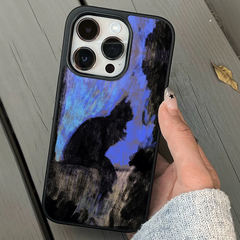 Elegant Dark Purple Cat Oil Painting Phone Case with Black Edging