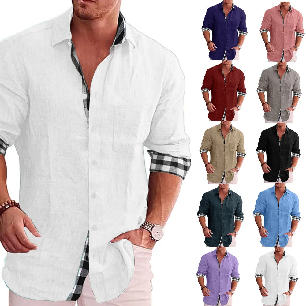 

New Men's Shirts Cotton Linen Loose Casual Blouse Grid Long Sleeve Tee Shirt Autumn Plus Size 5Xl Fashion Handsome Male T Shirt