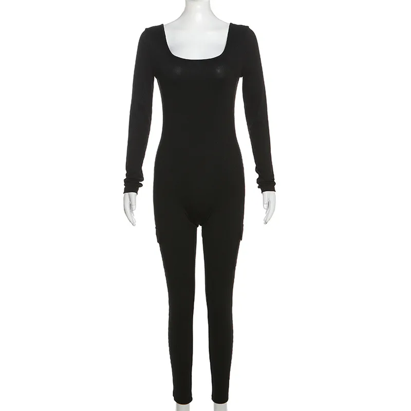 Ribbed Knitted Sporty Skinny Jumpsuits Women Autumn Solid U Neck Long Sleeve High Waist Pockets Casual Rompers Jogger Streetwear