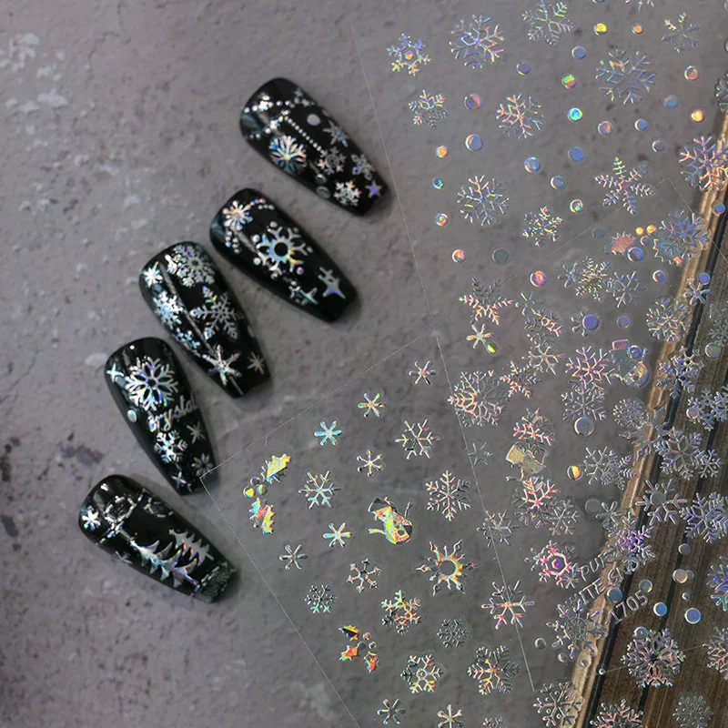2026 Christmas New Year Nail Stickers - 1Sheet 3D Laser Press On Nail Decals Snowflake Snowman Christmas Tree Holiday Decoration
