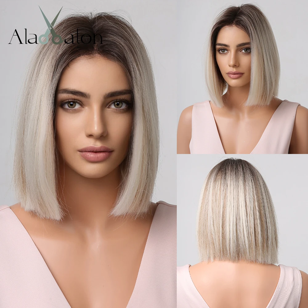 

ALAN EATON Short Straight Bob Synthetic Wig for Women Platinum Blonde Wigs with Dark Roots Cosplay Highlight Hair Heat Resistant