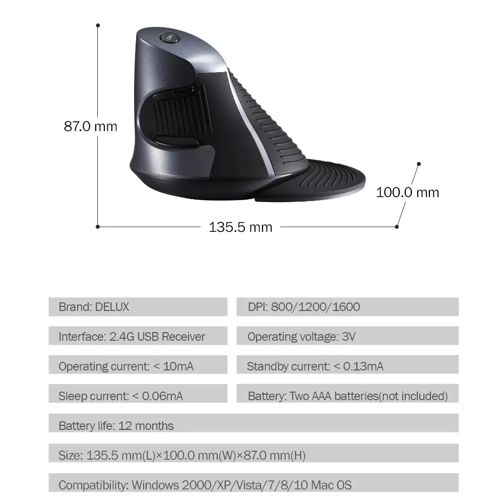 Wireless Mouse DELUX Vertical Wireless Mouse 2.4G Wireless Ergonomic Mouse with 3 Adjustable DPI 6 Buttons Removable Wrist Rest Official Micee