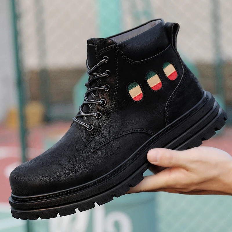 Botas tobilleras de Cuero para Hombre, zapatos de trabajo de Martins, sin punta de estilo británico, color negro, Amarillo, a la moda, Invierno| | - AliExpress