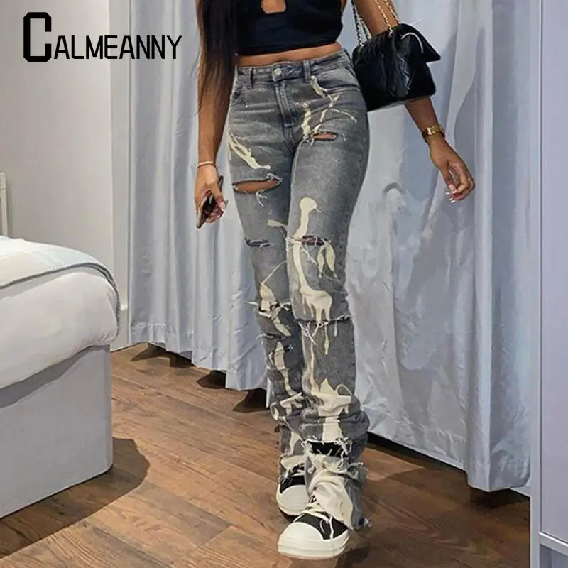 

Spring Autumn High Waist Korean Fashion Jeans Vintage Casual Y2K Woman Pants Print Denim Skinny Elastic Slim Trousers Streetwear