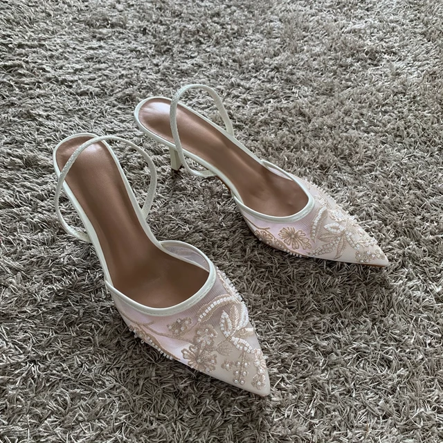 Mesh Embroidered Thin High Heels Sandals Women 2025 Summer Sexy Slingback Pointed Toe Pumps Dress Shoes Woman Sandalias De Mujer