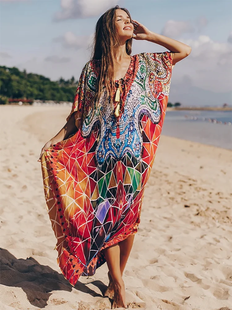 

SUNFORYOU накидки Caftans Большие размеры пляжный халат Быстросохнущий плавать накидка Кафтан платья для женщин Парео Пляжная одежда
