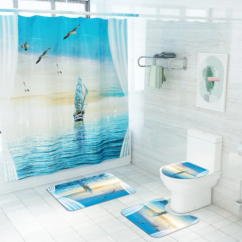 

Digital Printing of Sea Sailboat Home Decor Bathroom Toilet Cover Sets Waterproof Shower Curtain Mats Carpet Rugs Suits