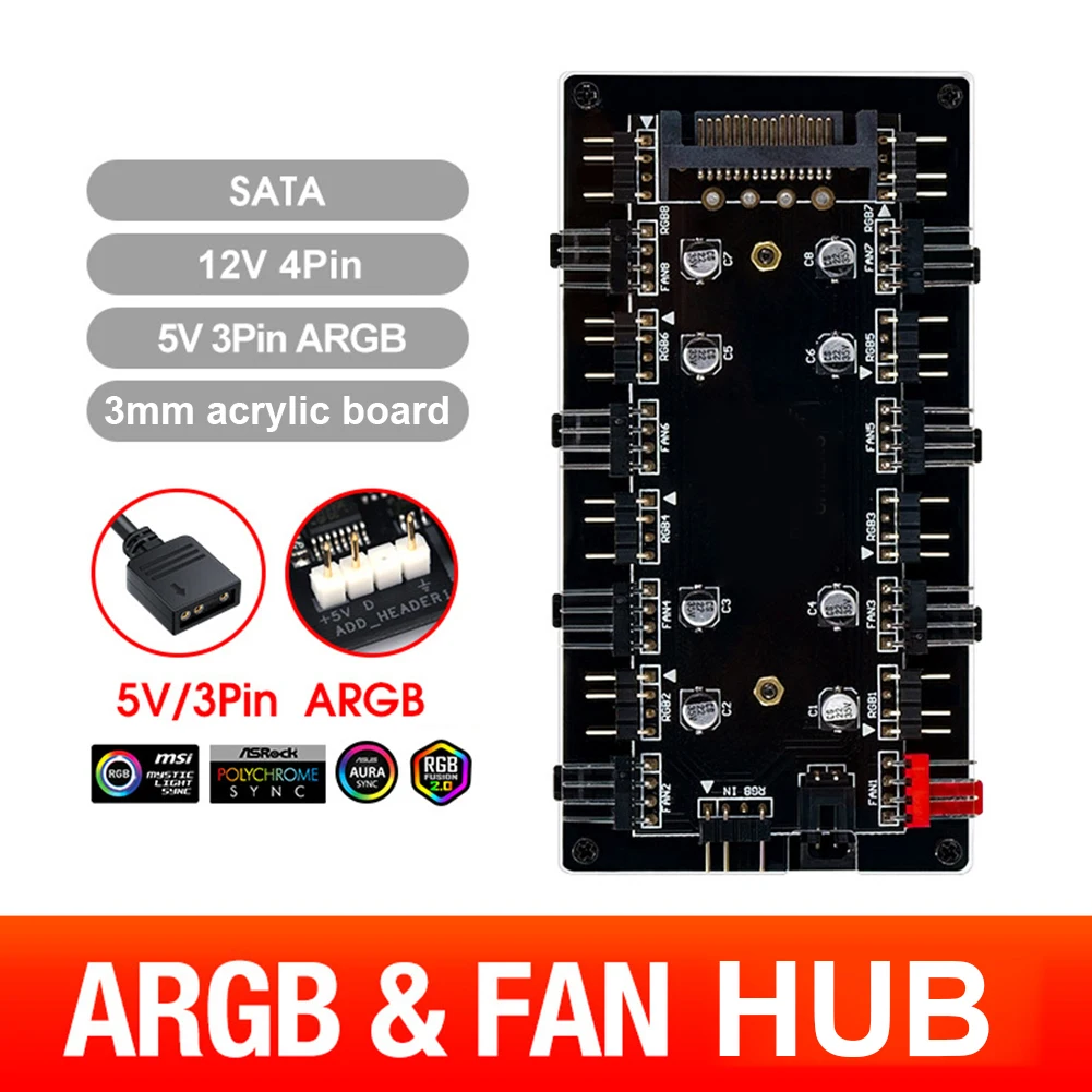 12V 4Pin/5V 3PIN 2 IN 1 Fan HUB Splitter Motherboard Sync ARGB/RGB PWM Fan Hub Fan HUB Splitter with Cable RGB Strip Splitter