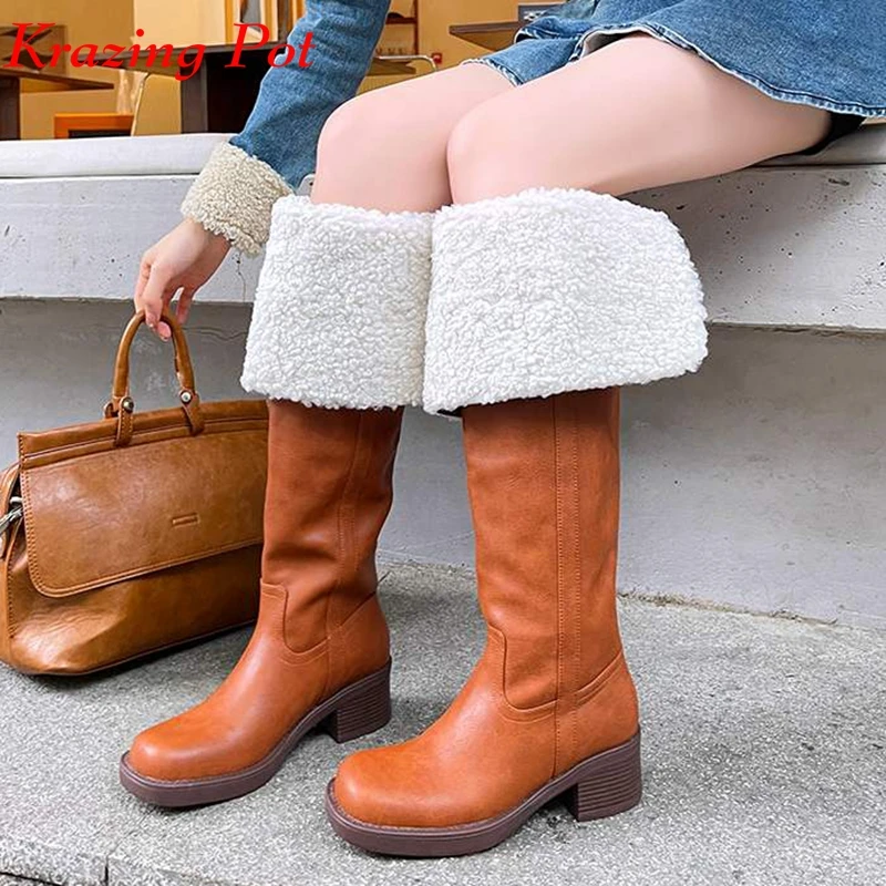 

Krazing Pot Cow Split Round Toe Slip On Winter Warm Snow Boots Med Heels Cold-resistant Preppy Style Slip On Thigh High Boots