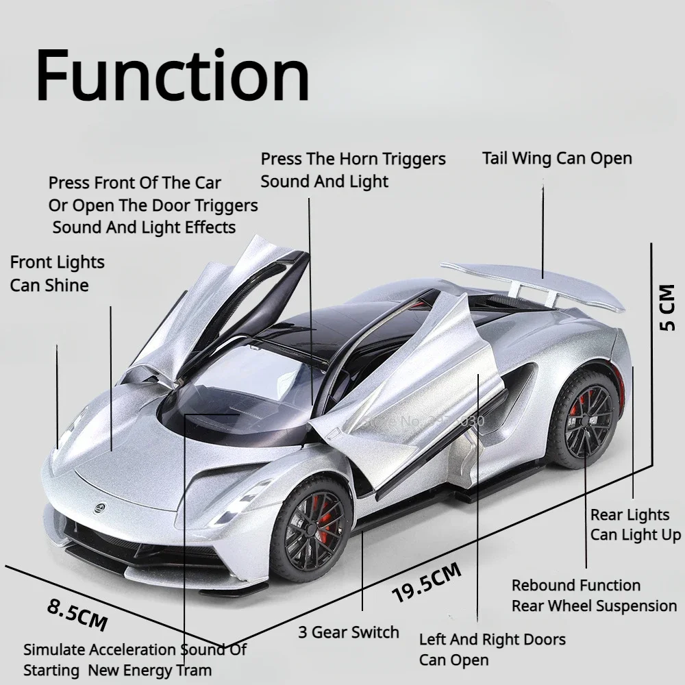 1:24 Lotus Evija Sports Car Model Toy Alloy Diecast Vehicles Doors Opened with Pull Back Sound Light Toys Christmas Gift for Boy 2