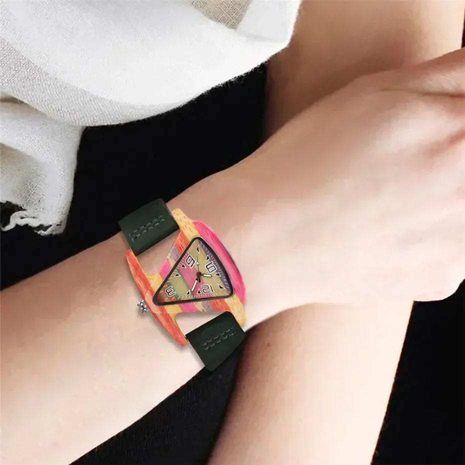 Unique Triangle Women's Wood Watch Creative Colorful Lady Green/ Red Genuine Leather Wristwatch Elegant Womens Watches Top Gifts 5