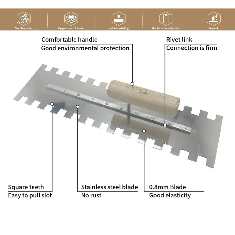 40cm Stainless Steel Standard Square Notch Tiling Trowel Both Sides 15x15mm Toothed Construction Trowel Blade Skimming Spatula
