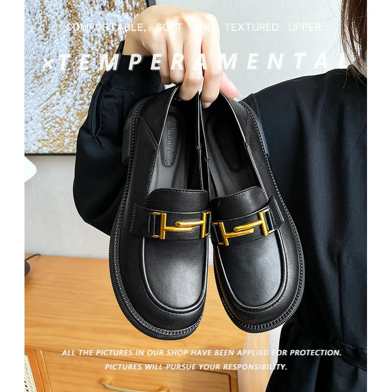 

Metal Square Buckle Women Leather Shoes Summer Round Head Casual Flats Soft Sole Fashion Cover Heel Zapatillas Mujer