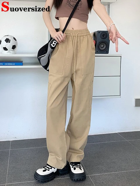 Solid Baggy Casual Straight Pants Oversize Women New Lace Up Cargo Trousers  Classic High Waist Pantalones Mujer - AliExpress