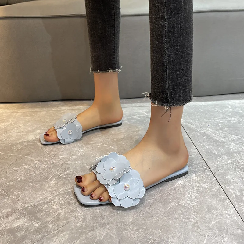 

Women's shoes Large Size Wholesale 2022 Summer New Casual Flower Beaded Women's One-Line Flat Slippers Women