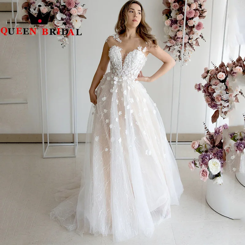 

A Line Elegant Wedding Dresses Sleeveless Lace Appliques 2023 New Illusion Bridal Gowns Vestido De Noiva Custom Size J29Q