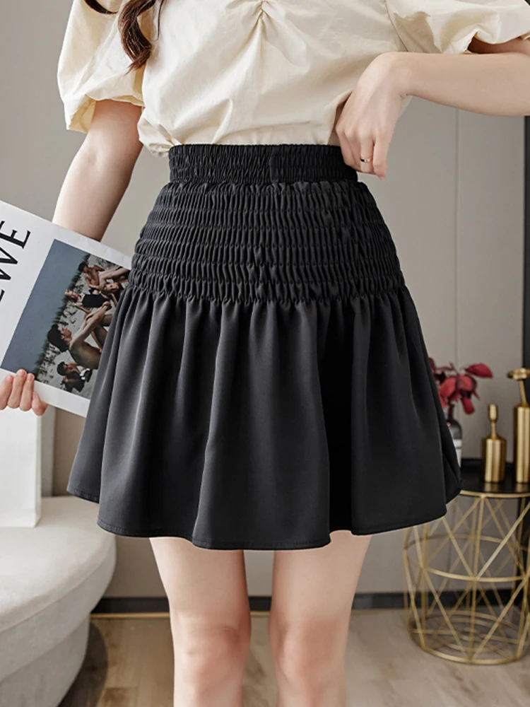 black mini skirt JMPRS Chiffon Women Mini Skirts Elastic High Waist Plus Size Summer Korean Female Black Skirt Casual A Line Ladies Faldas black skirt Skirts