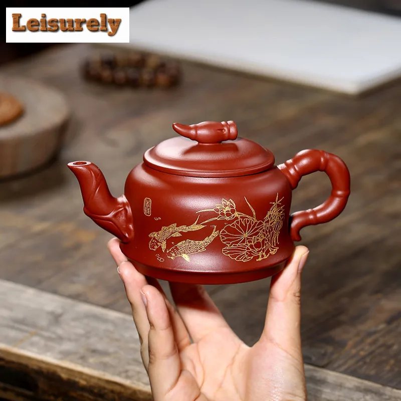 280ml Aesthetic Yixing Purple Clay Teapots Artists Handmade Gold Drawing Pot Raw Ore Dahongpao Mud Kettle Chinese Zisha Tea Set