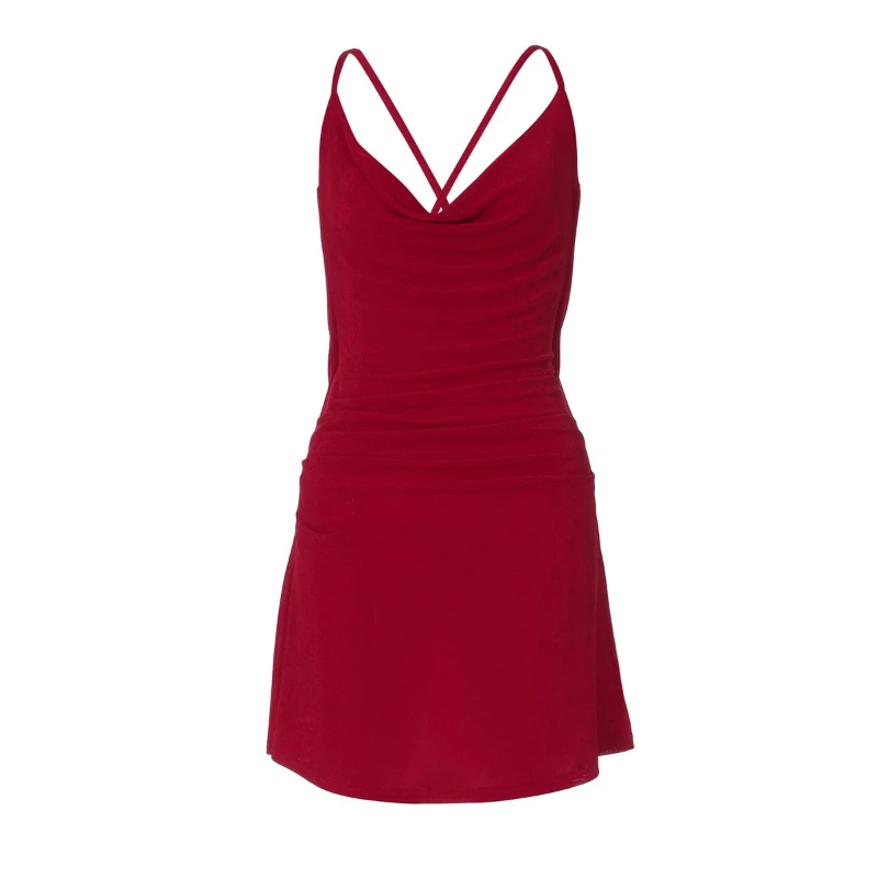 Fashion Summer Y2k Neck Deep V Suspender Women's Slim-fit Dress Sexy Pleated Backless Solid Color Lace-up Bodycon Mini Skirt