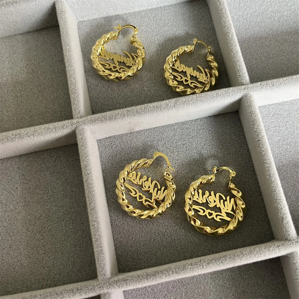 2023 Custom 30mm Cute Name Girl Earring Gold Plated Twist Hoop Heart Earrings Personalized kids Earring For Children Jewelry