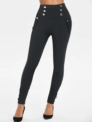 Wide Waist Mock Button High Rise Pure Color Long Skinny Leggings Fashion Daily Full Length Leggings For Women