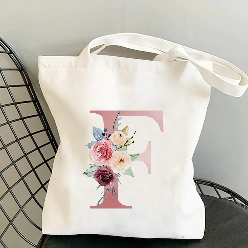Damen ABC Canvas Tote Umhängetasche Aquarell Blumen Initiale Rosa Blau Lila Blumen Minimalistisch Lässig Öko Handtasche Damen Tasche – Detail 10