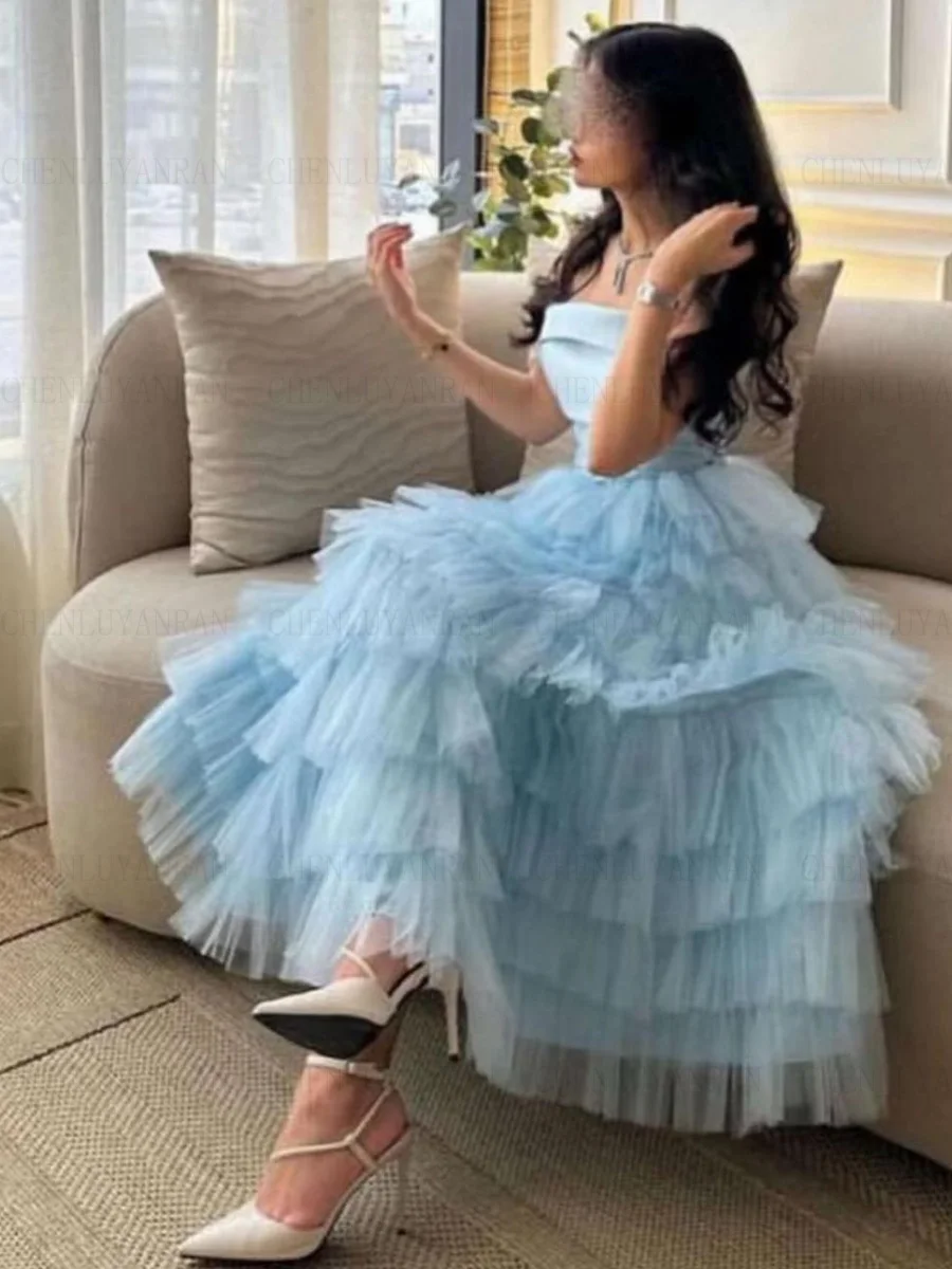 

Sky Blue Formal Occasion Dresses 2023 Strapless Sleeveless Sexy Ball Gowns Tiered A-line Long Evening Party Gowns فساتين الحفلات