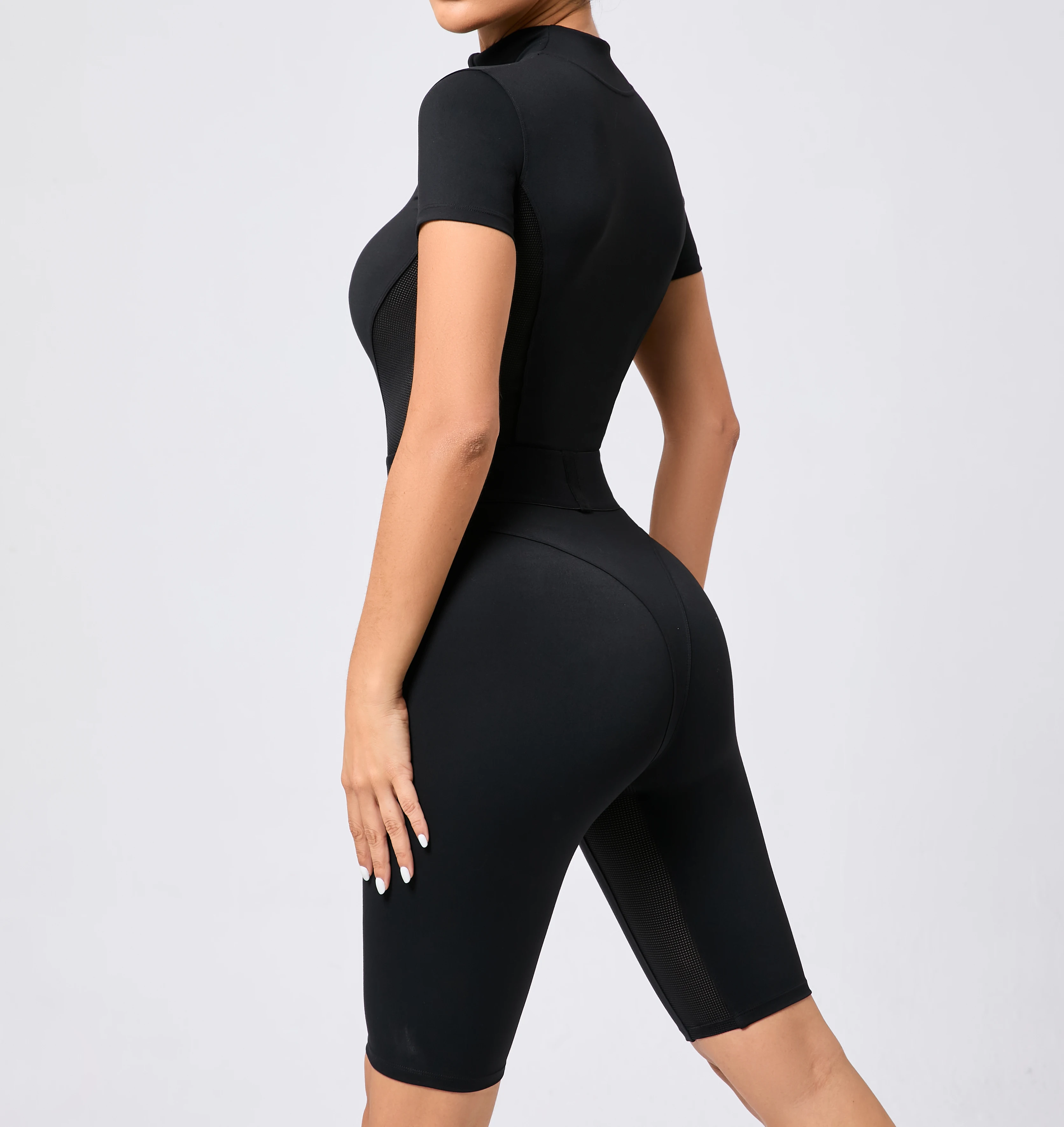 Damen einteiliger Anzug Reiß verschluss Kurzarm Fitness studio Push-up Trainings kleidung Fitness kurze Bodysuit Sportswear Overalls – Detail 4