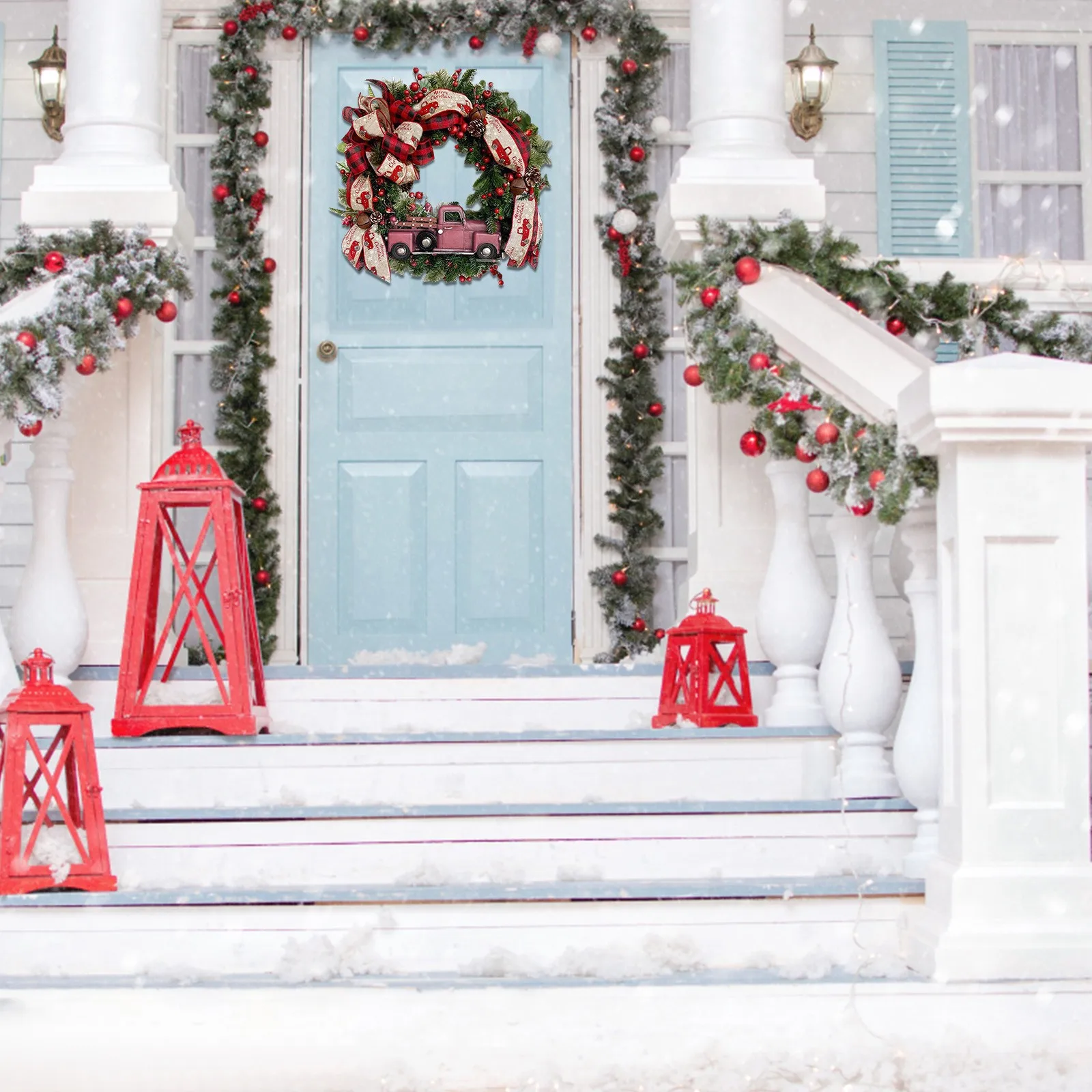 Red Truck Christmas WreathFront Door Of The Garland Decorated With Christmas Decoration Ornaments Printing Holiday Ornaments