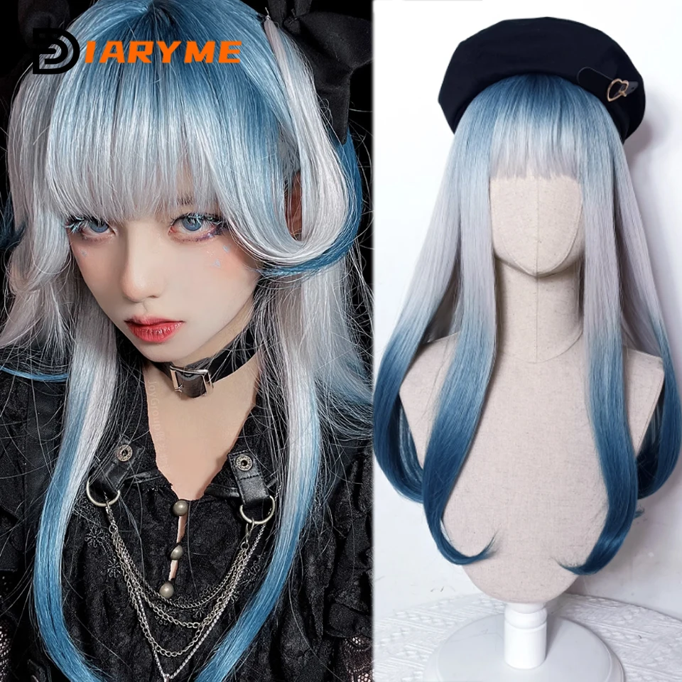 Blue lolita wig Female Synthetic Wigs Micro Curly Long Natural Hair Woman Wigs Plush halloween cosplay party wigs With Bangs
