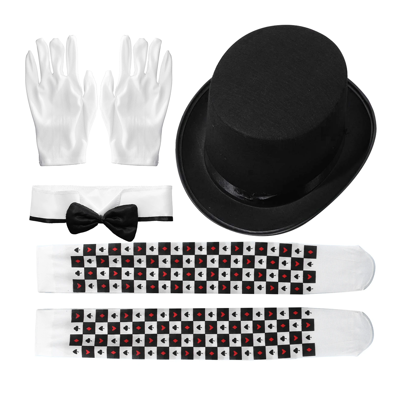 

Adult Magician Cosplay Costume Fancy Halloween Theme Party Props Top Hat+Bow Fake Collar+Stockings+White Gloves Set Accessories